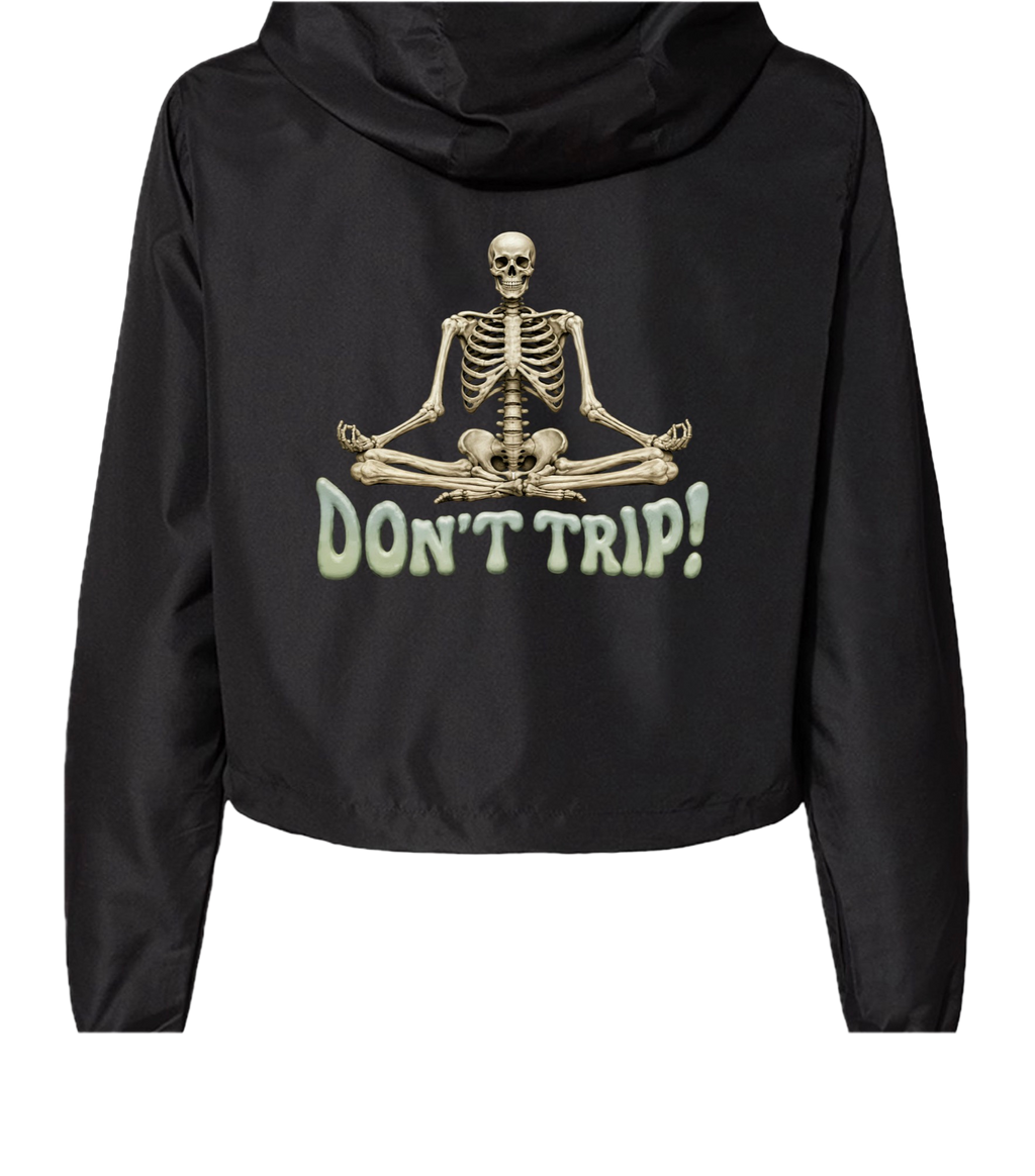 Lucia GTA 6 cropped windbreaker in black, back view with DONT TRIP graphic