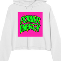 White hoodie with 'Power Energy' graphic on a pink background