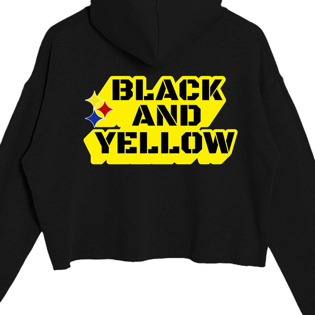 Black and Yellow game day crop hoodie in Black, back view
