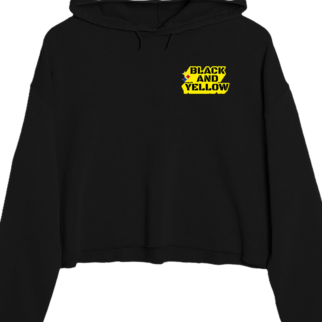 Black and Yellow game day crop hoodie in Black, front view